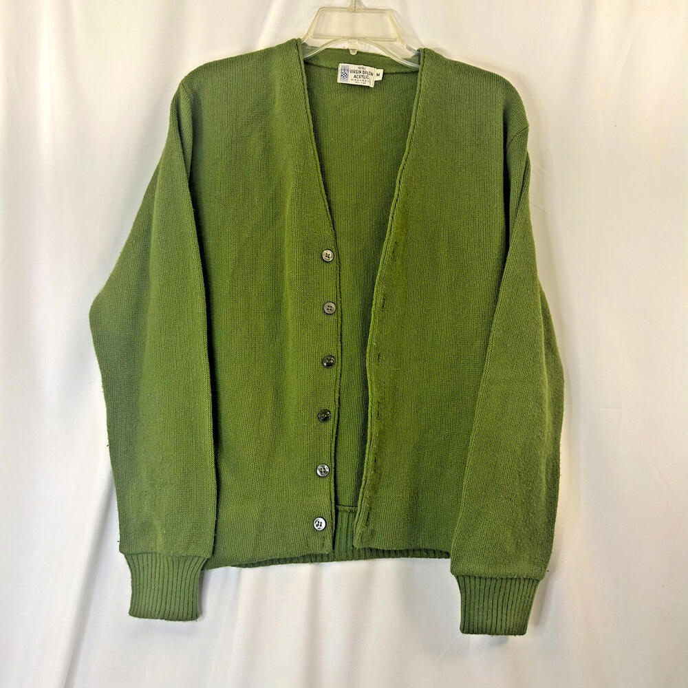 Vintage 70s Virgin Orlon Acrylic Green Knit Cardigan Sweater Size Women's Medium
